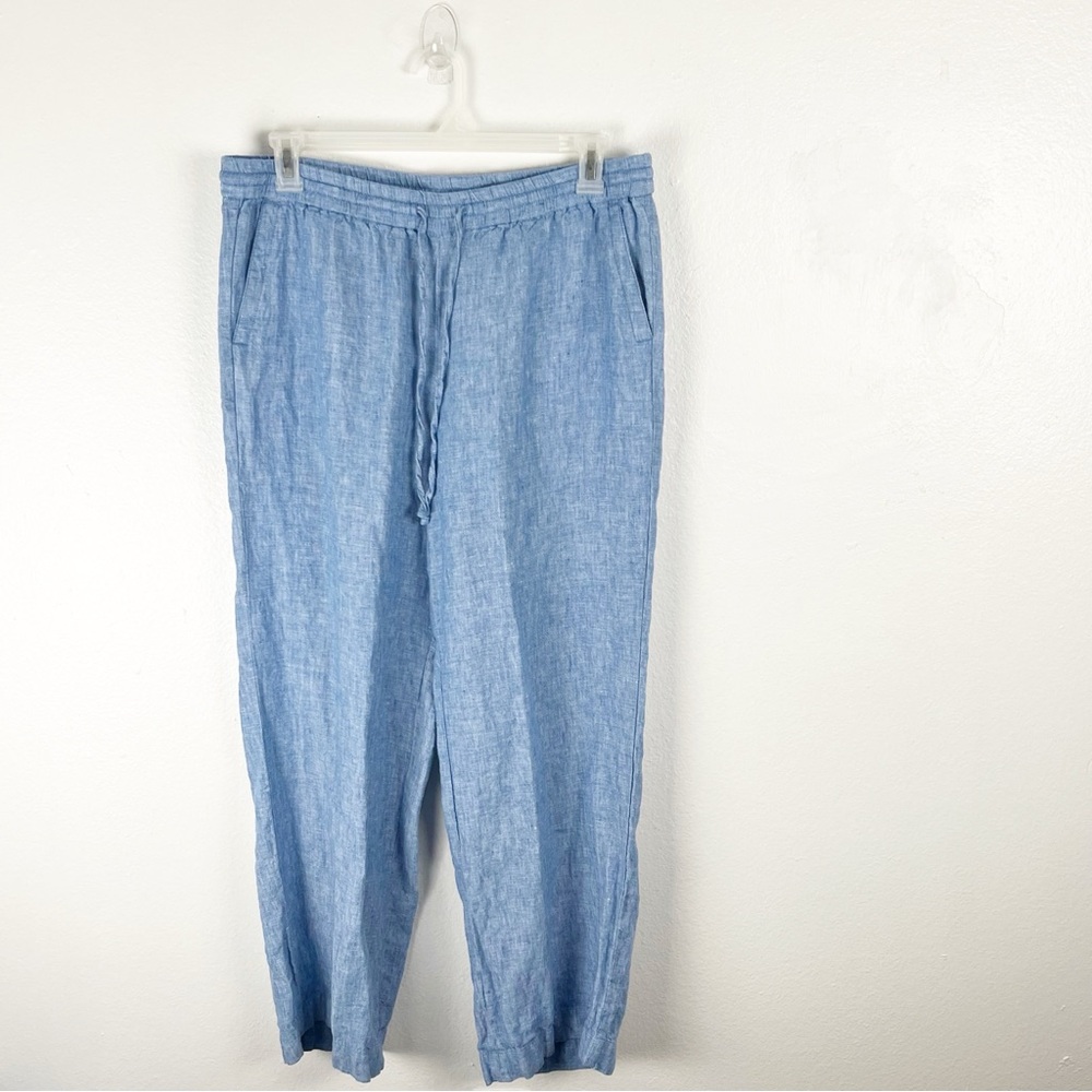 TALBOTS 100% Linen Blue High Rise Drawstring Waist Front Back Pockets Pants 14